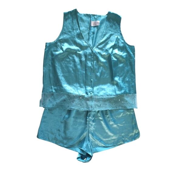 VTG 80s Turquoise Satin Sleeveless Top And Shorts Pajama Set Size 1X *Med/ Lrg - Picture 2 of 15